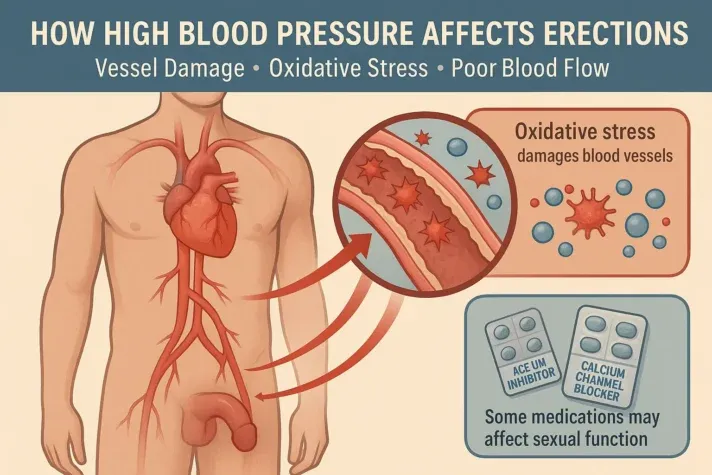 Semi-realistic medical infographic showing how high blood pressure damages blood vessels through oxidative stress, reducing blood flow to the penis and contributing to erectile dysfunction. 