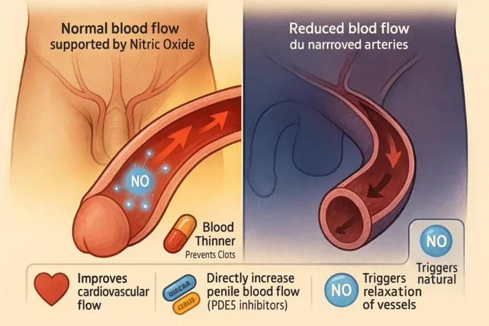 Semi-realistic medical infographic showing how nitric oxide and healthy blood flow support erections, how blood thinners indirectly help by preventing clots, and how PDE5 inhibitors like Viagra and Cialis directly improve penile blood flow. 