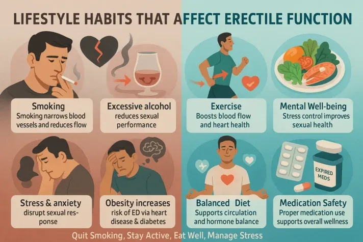 Semi-realistic wellness infographic showing lifestyle factors that impact erectile dysfunction, including smoking, alcohol, obesity, stress, and lack of exercise, with visuals of healthier habits that improve blood flow and sexual health. 
