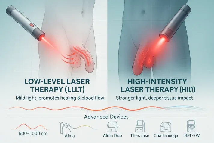 Infographic comparing Low-Level Laser Therapy (LLLT) and High-Intensity Laser Therapy (HILT) for erectile dysfunction. The left side shows mild red light promoting healing and blood flow, while the right side shows stronger laser light with deeper tissue impact. Includes icons of advanced devices like Alma, Alma Duo, Theralase, Chattanooga, and HPL-7W, with wavelength range 600–1000 nm highlighted at the bottom.