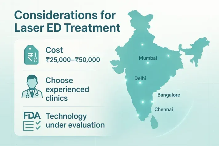 Infographic showing the key considerations for laser treatment for erectile dysfunction in India. Includes a highlighted map of India with major cities like Mumbai, Delhi, and Bangalore marked for clinic availability, icons representing treatment cost (₹25,000–₹50,000), experienced doctors, and FDA evaluation. The design uses a clean teal-and-white background with medical-style graphics to convey accessibility, affordability, and safety of laser therapy for erectile dysfunction.
