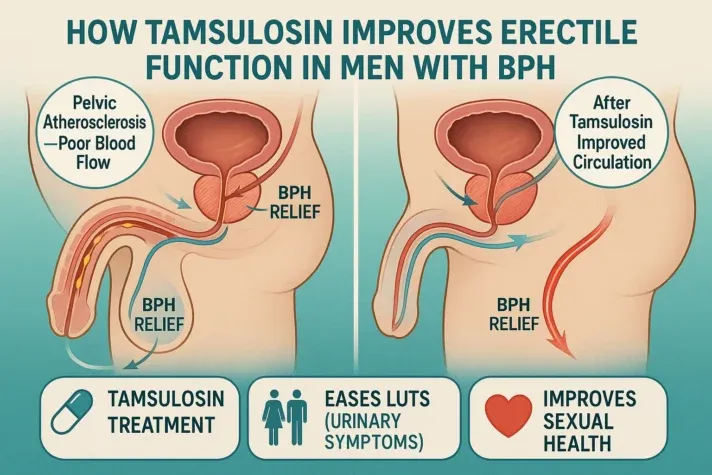 Infographic explaining how tamsulosin improves erectile function in men with benign prostatic hyperplasia (BPH). The left side shows poor pelvic blood flow due to atherosclerosis and BPH pressure, while the right side shows improved circulation and bladder relief after tamsulosin treatment. The bottom highlights benefits: tamsulosin treatment eases lower urinary tract symptoms (LUTS) and improves sexual health by enhancing blood flow and urinary comfort.