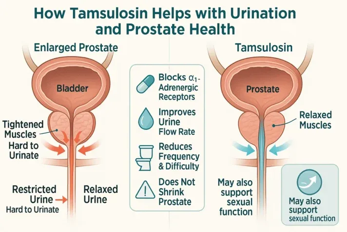 Infographic showing how tamsulosin helps with urination and prostate health. The left side depicts an enlarged prostate pressing against the bladder and urethra, causing tightened muscles and restricted urine flow. The right side shows how tamsulosin relaxes the muscles, allowing easier urination and potential sexual function support. The center highlights key benefits: blocking α1-adrenergic receptors, improving urine flow rate, reducing frequency and difficulty of urination, and clarifying that it does not shrink the prostate.