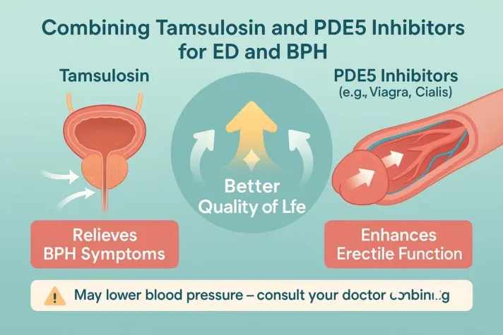 Infographic showing how combining Tamsulosin and PDE5 inhibitors (like Viagra or Cialis) helps men with both BPH and erectile dysfunction. The image illustrates that Tamsulosin relieves urinary symptoms by relaxing the bladder and prostate, while PDE5 inhibitors enhance erectile function by improving blood flow, leading to a better overall quality of life. A warning note at the bottom advises that this combination may lower blood pressure and should be used under medical supervision.