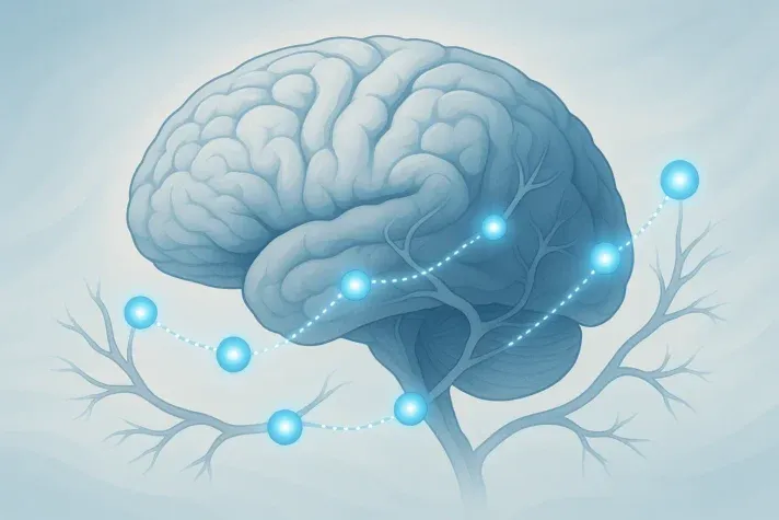 Illustration of a human brain with glowing blue neurotransmitter pathways representing serotonin signals traveling between neurons, symbolizing how brain chemistry and neurotransmission affect mood and mental balance.