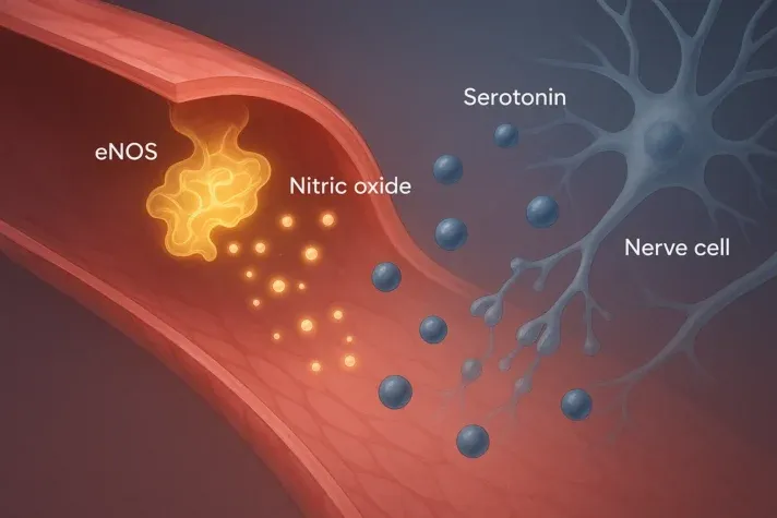 Illustration showing how endothelial nitric oxide synthase (eNOS) in a blood vessel produces nitric oxide to relax the vessel, while serotonin molecules from a nearby nerve cell interact with receptors, demonstrating the connection between serotonin, nitric oxide, and erectile function