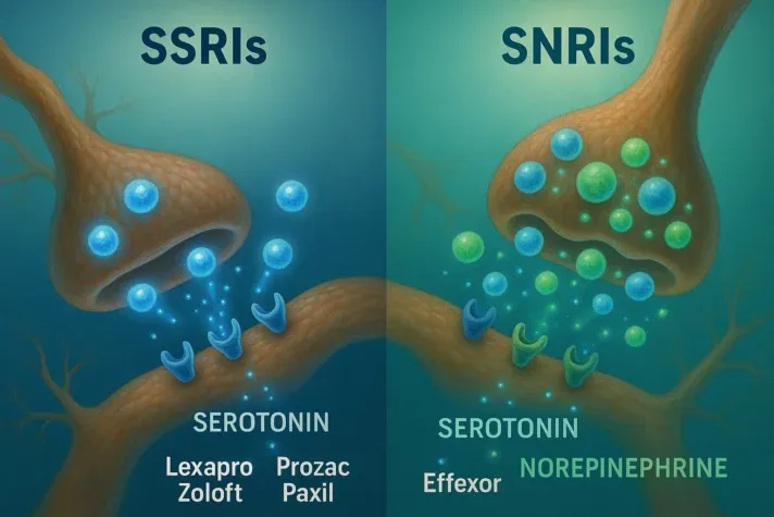 &#x22;Illustration comparing how SSRIs and SNRIs work: the SSRI side shows serotonin molecules (blue) being reabsorbed by nerve cells with examples like Lexapro, Zoloft, Prozac, and Paxil; the SNRI side shows both serotonin (blue) and norepinephrine (green) molecules with examples like Effexor, highlighting their dual action on neurotransmitters.&#x22;