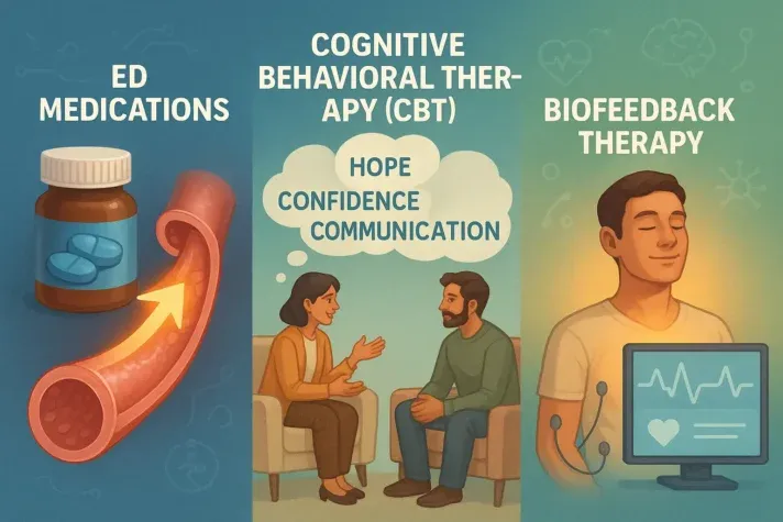 Illustration depicting three treatments for erectile dysfunction: ED medications with a pill bottle and an upward arrow symbolizing improved blood flow, cognitive behavioral therapy (CBT) with a couple engaging in a conversation about hope, confidence, and communication, and biofeedback therapy with a person relaxing and monitoring their physiological responses through a screen.