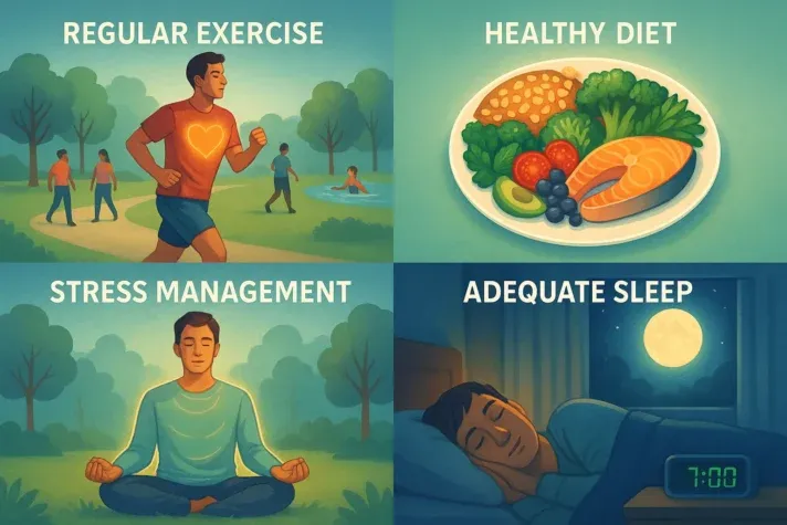  &#x22;Illustration showing four lifestyle habits for better health: regular exercise (jogging in a park), healthy diet (a plate with vegetables and fish), stress management (meditation), and adequate sleep (a person sleeping peacefully with a clock showing 7:00). 