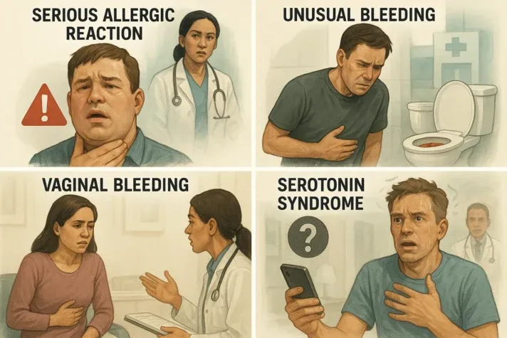 Illustration showing serious side effects: allergic reaction, unusual bleeding, vaginal bleeding, and serotonin syndrome, with medical attention being sought.