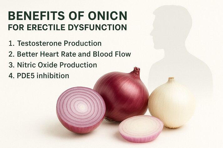Medical infographic showing fresh onions and a male silhouette with listed benefits — testosterone production, better heart rate and blood flow, nitric oxide production, and PDE5 inhibition — answering is onion good for erectile dysfunction.