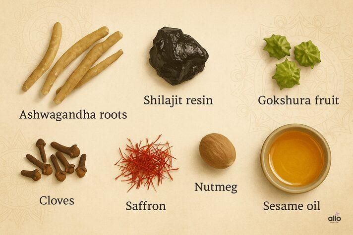 Ashwagandha, Shilajit, Gokshura, Clove, Saffron, Nutmeg aur Sesame oil jaise ayurvedic tatvon ka sangrah.