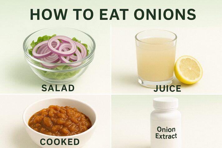 Lifestyle infographic with four panels showing different ways to eat onions — salad, juice with lemon, cooked curry, and onion extract supplement — answering is onion good for erectile dysfunction.
