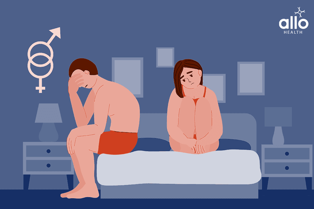 disappointed couple sitting on bed due to Low Sexual Desire - low libido in men Increase Sexual Desire