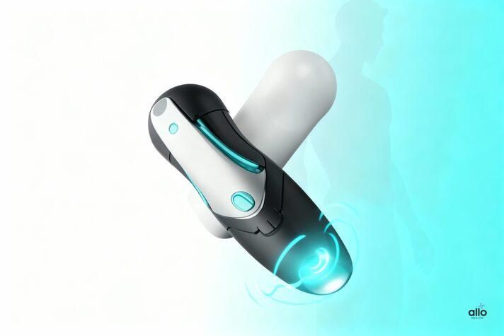 Male vibrator device with glowing wave lines and subtle male silhouette, showing how vibrators are used as sex toys for erectile dysfunction to improve arousal and nerve response. 