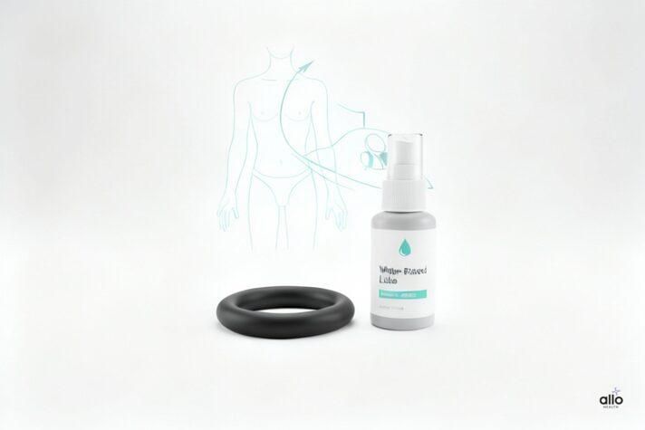 Simple silicone constriction ring with lubricant bottle and faint diagram in the background, demonstrating how cock rings work as sex toys for erectile dysfunction.