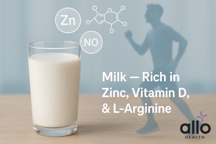Glass of fresh milk shown as the best drink for erectile dysfunction, rich in zinc, magnesium, vitamin D, and L-arginine that support blood flow and sexual health