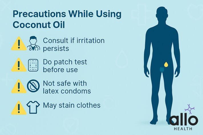 Medical infographic explaining precautions of ling par nariyal tel lagane ke fayde with icons: consult doctor if irritation persists, do patch test, not safe with latex condoms, may stain clothes.