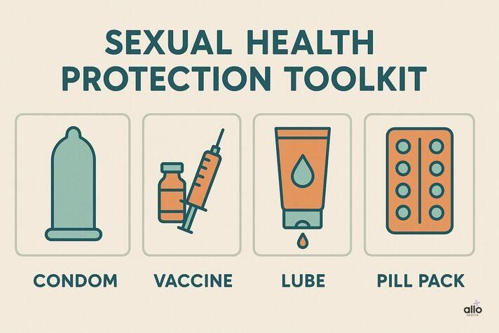 Infographic with icons of condom, vaccine, lube, and pill pack labeled as safe-sex essentials.