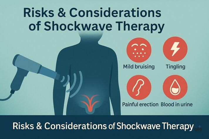 Medical infographic of penile shockwave therapy risks and considerations showing pelvic silhouette with handheld device and red caution icons for mild bruising, tingling, painful erection, and blood in urine