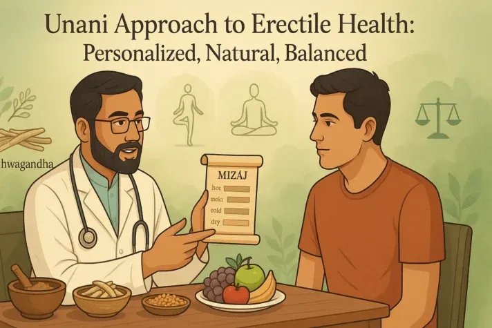 Illustration of a Unani doctor consulting a male patient about erectile health, holding a scroll labeled “Mizaj” showing body temperaments like hot, moist, cold, and dry. Herbal bowls, fruits, and balance symbols appear around them, with the title “Unani Approach to Erectile Health: Personalized, Natural, Balanced.”
