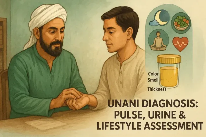 Illustration of a Unani practitioner checking a patient’s pulse as part of diagnosis, with icons showing urine analysis (color, smell, thickness), meditation, healthy food, and heart health. The title reads “Unani Diagnosis: Pulse, Urine &#x26; Lifestyle Assessment.”