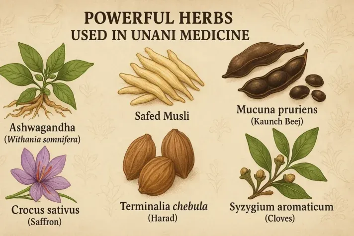 Infographic showing six powerful herbs used in Unani medicine for erectile dysfunction — Ashwagandha (Withania somnifera), Safed Musli, Mucuna pruriens (Kaunch Beej), Crocus sativus (Saffron), Terminalia chebula (Harad), and Syzygium aromaticum (Cloves) — each illustrated with detailed botanical drawings.