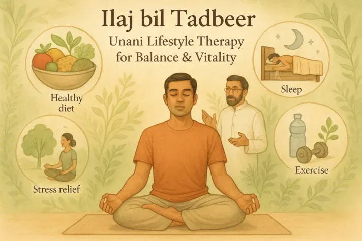Illustration showing Unani lifestyle therapy titled “Ilaj bil Tadbeer – Unani Lifestyle Therapy for Balance &#x26; Vitality.” A man meditates calmly while a Unani doctor guides him. Surrounding icons represent a healthy diet, good sleep, exercise, and stress relief, emphasizing balance and holistic wellness.