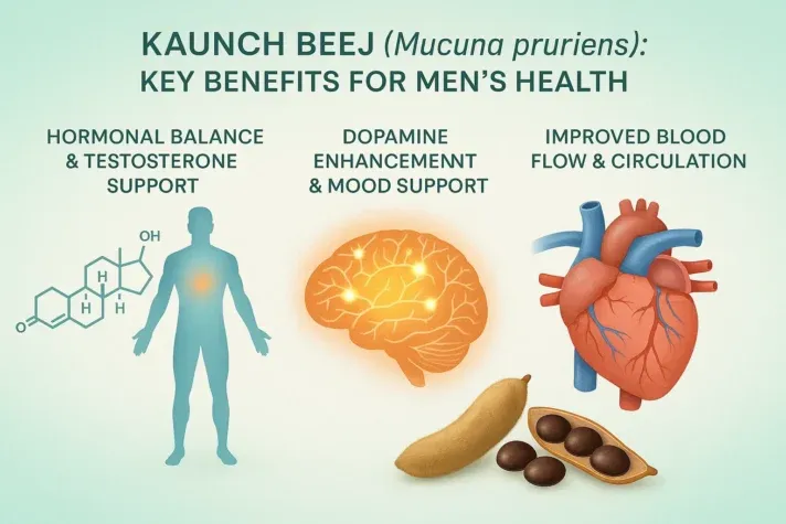 “Infographic showing Kaunch Beej (Mucuna pruriens) benefits for men’s health — supports testosterone and hormonal balance, boosts dopamine and mood, and improves blood flow and circulation with illustrations of hormone molecule, brain, and heart.”