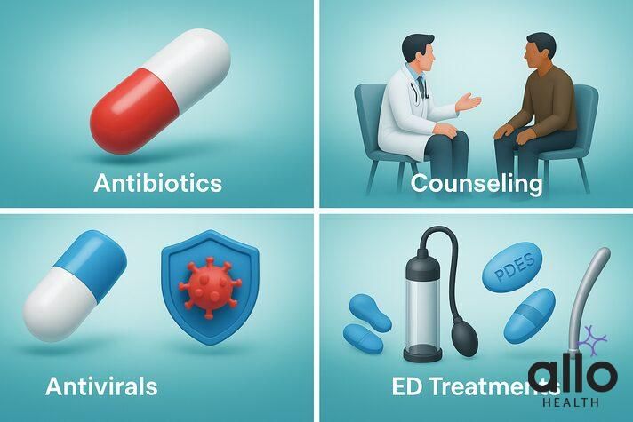 3D four-panel infographic with antibiotics, antivirals, counseling, and ED treatments showing medical approaches for can stds cause ed.