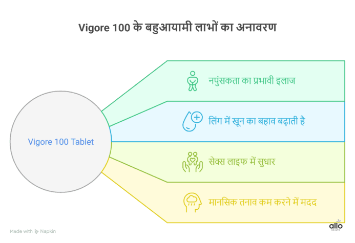 Vigore 100 ke fayde dikhata infographic — napunsakta ka ilaj, blood flow badhana, sex life sudharna aur stress kam karna.