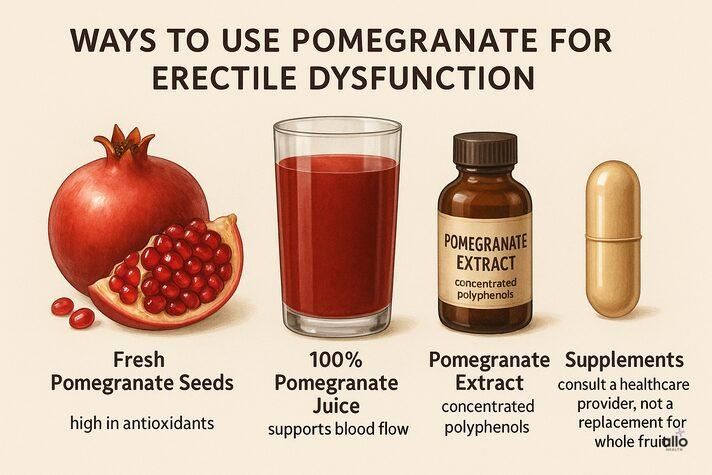 Infographic showing different ways to use pomegranate for erectile dysfunction, including fresh pomegranate seeds labeled ‘high in antioxidants,’ a glass of 100% pomegranate juice labeled ‘supports blood flow,’ a bottle of pomegranate extract labeled ‘concentrated polyphenols,’ and a supplement capsule labeled ‘consult a healthcare provider, not a replacement for whole fruit.’”
